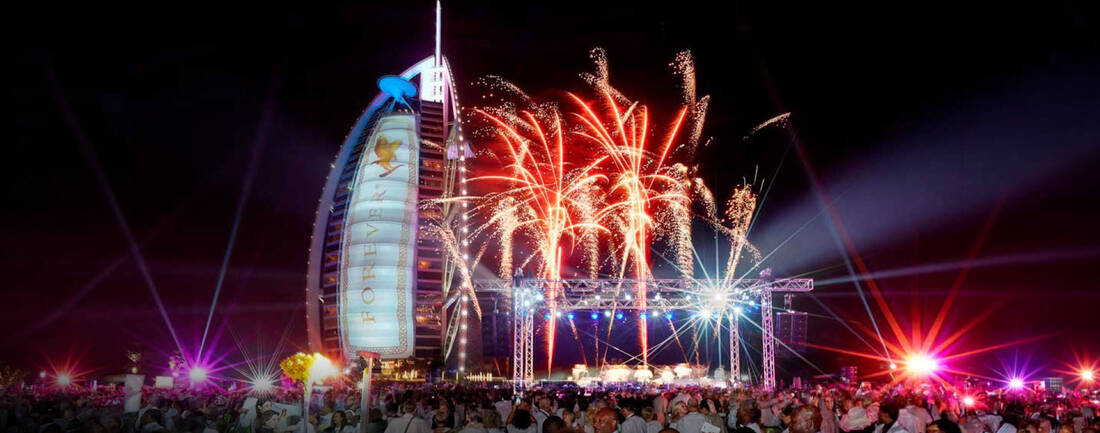 Fireworks at an event at the Burj Al Arab at night