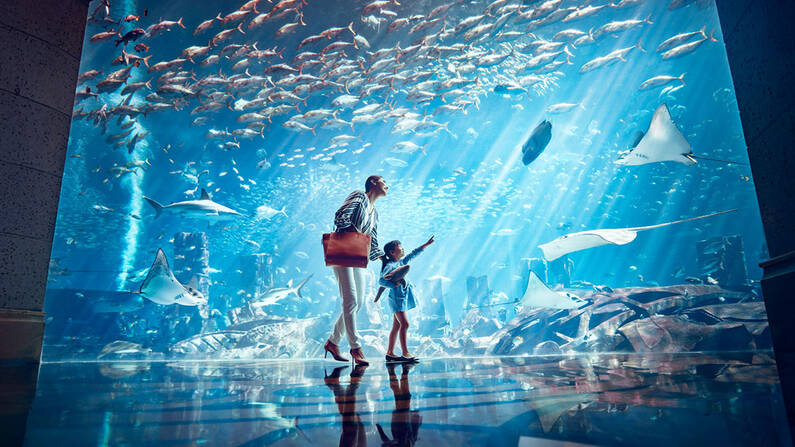 Mother and daughter walking across an aquarium in Lost Chambers in Aquaventure