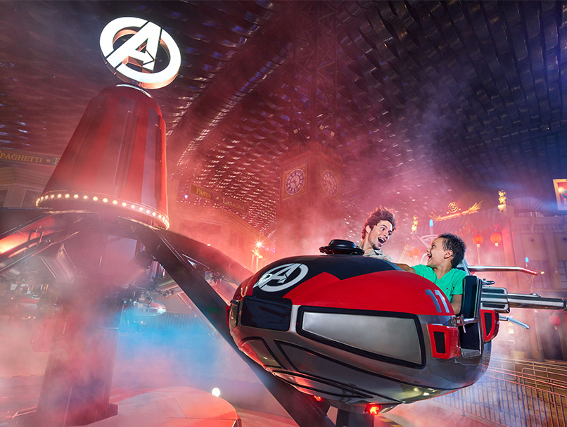 Two people on the Quinjet ride at IMG Worlds of Adventure