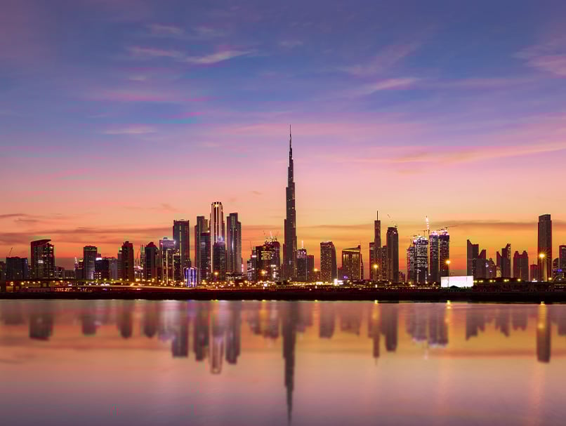 The Dubai skyline at sunset